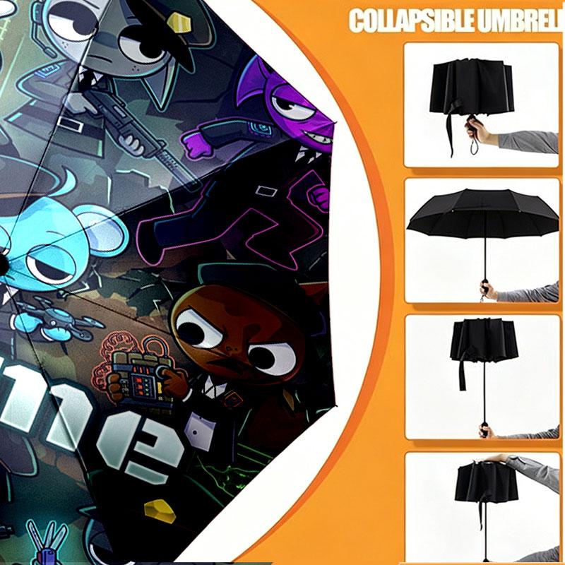 Custom Name Personalized Game Sprunki Print Umbrella, Auto Open Close, 8‑Rib Sturdy Frame, Commute Camping Hiking Use, Birthday Gift