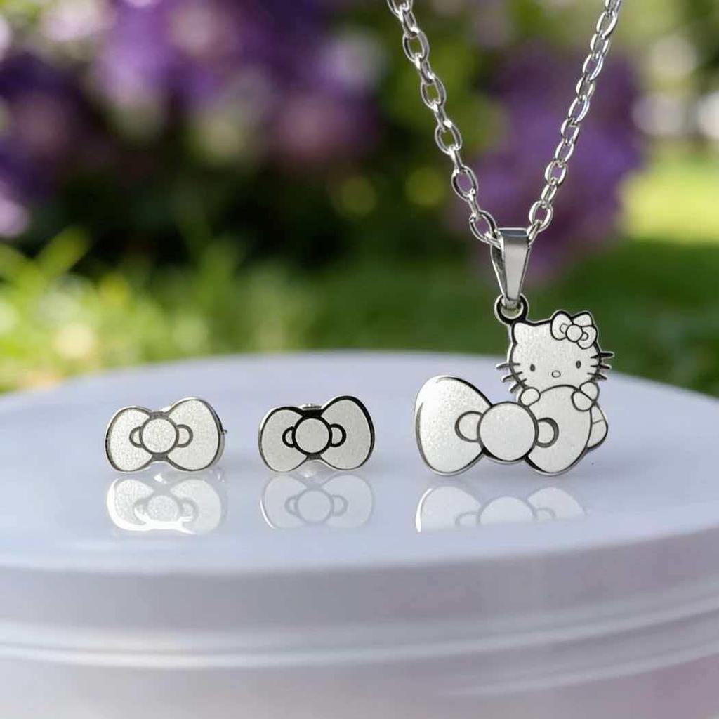 Creative Cartoon Kitty Bow Set: Colorfast Necklace & Earrings - Childlike Best Friend Accessories