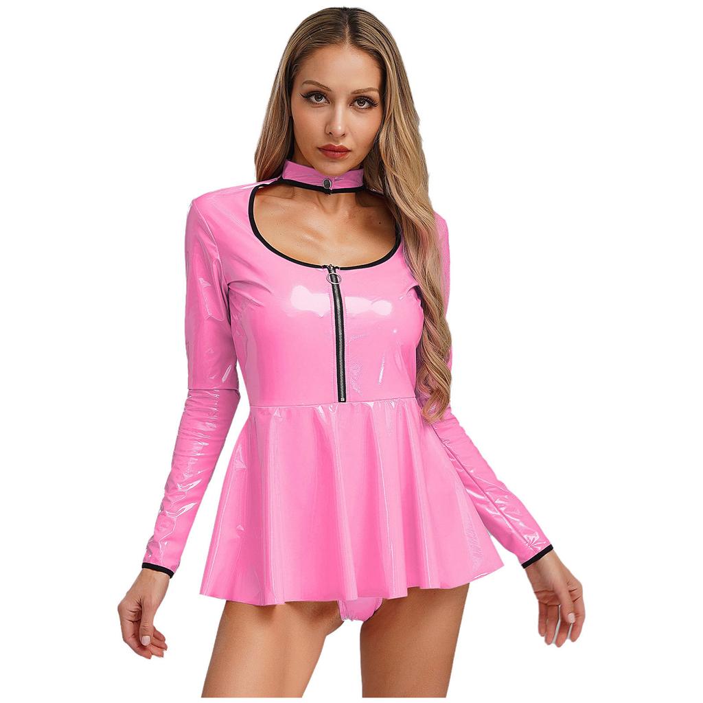 Women Latex Dress Deep V Neck Mesh Long Sleeves Mini Dress Shiny Faux Leather Dress Halloween Costume Rave Party Punk Club Wear