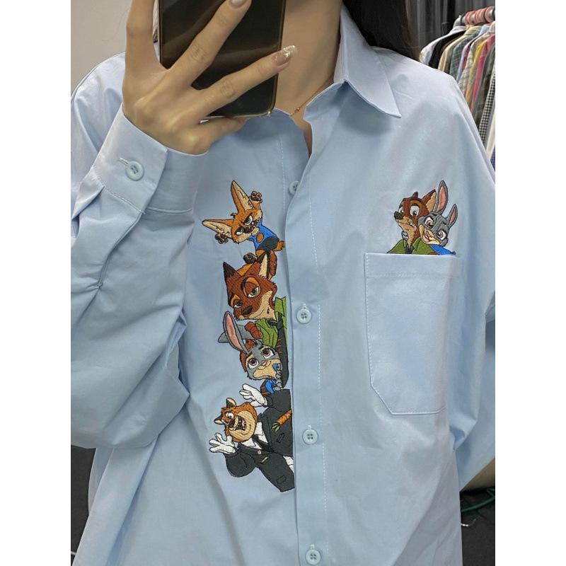 Осенняя Мультяшная Вышивка Длинный Рукав Ретро Большого Размера Парная Повседневная Рубашка Куртка XL