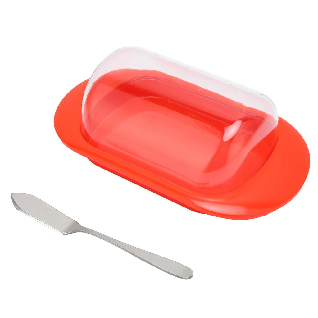 Round Edge Plastic Butter Storage Box Cheese Dessert Bread Container with Transparent Lid KnifeRed