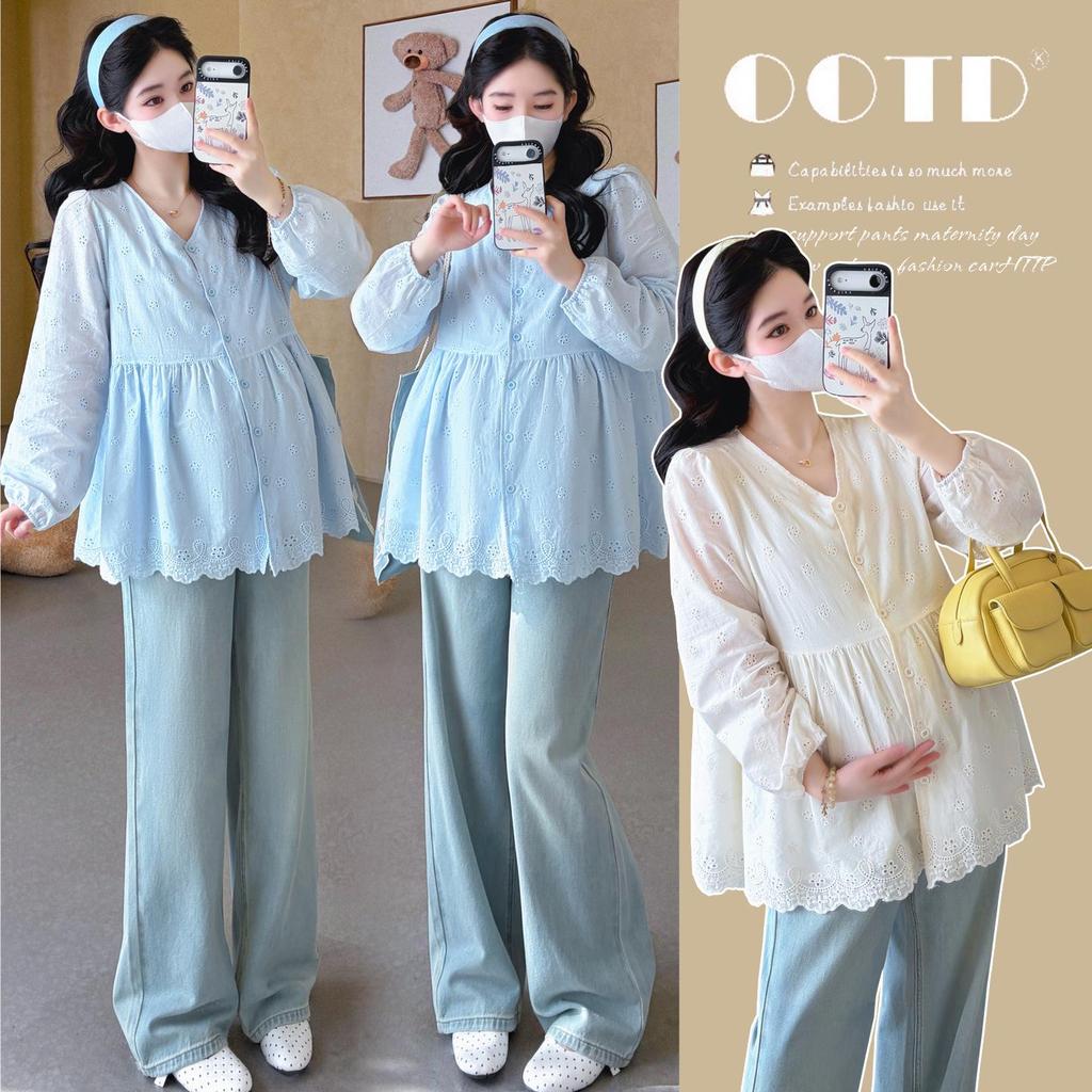 2026 Spring Maternity V-Neck Embroidered Doll Shirt – French Korean Style Loose Top