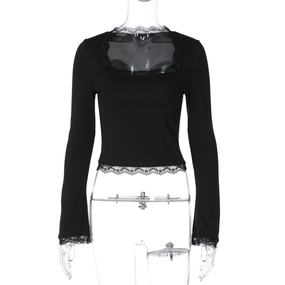 

Light Pink Long Sleeve Top with Lace Trim Detail S чёрный