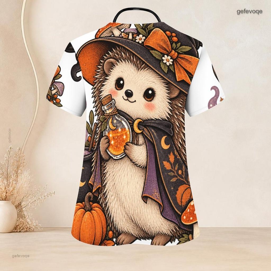 Women Plus Size V Neck Short Sleeve Scrub Top Cowboy Hat Pumpkin Sunflower Cactus Halloween Print Nurse Uniform Top