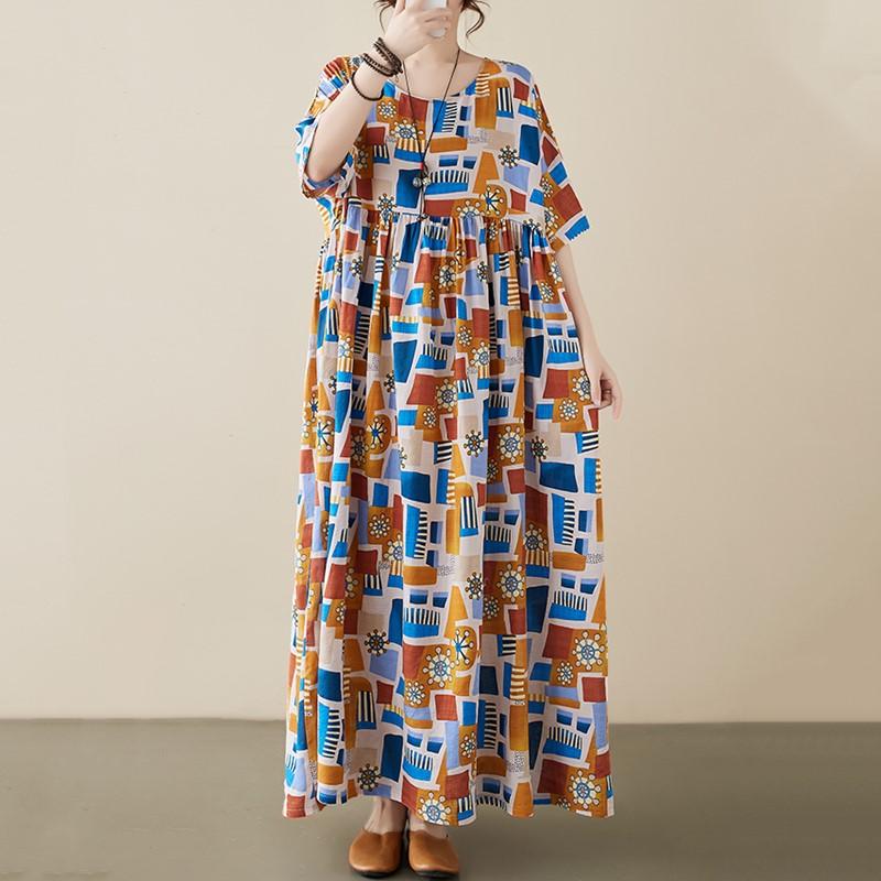 Manga curta plus size algodão vintage xadrez novo em vestidos para mulheres casual solto longo verão