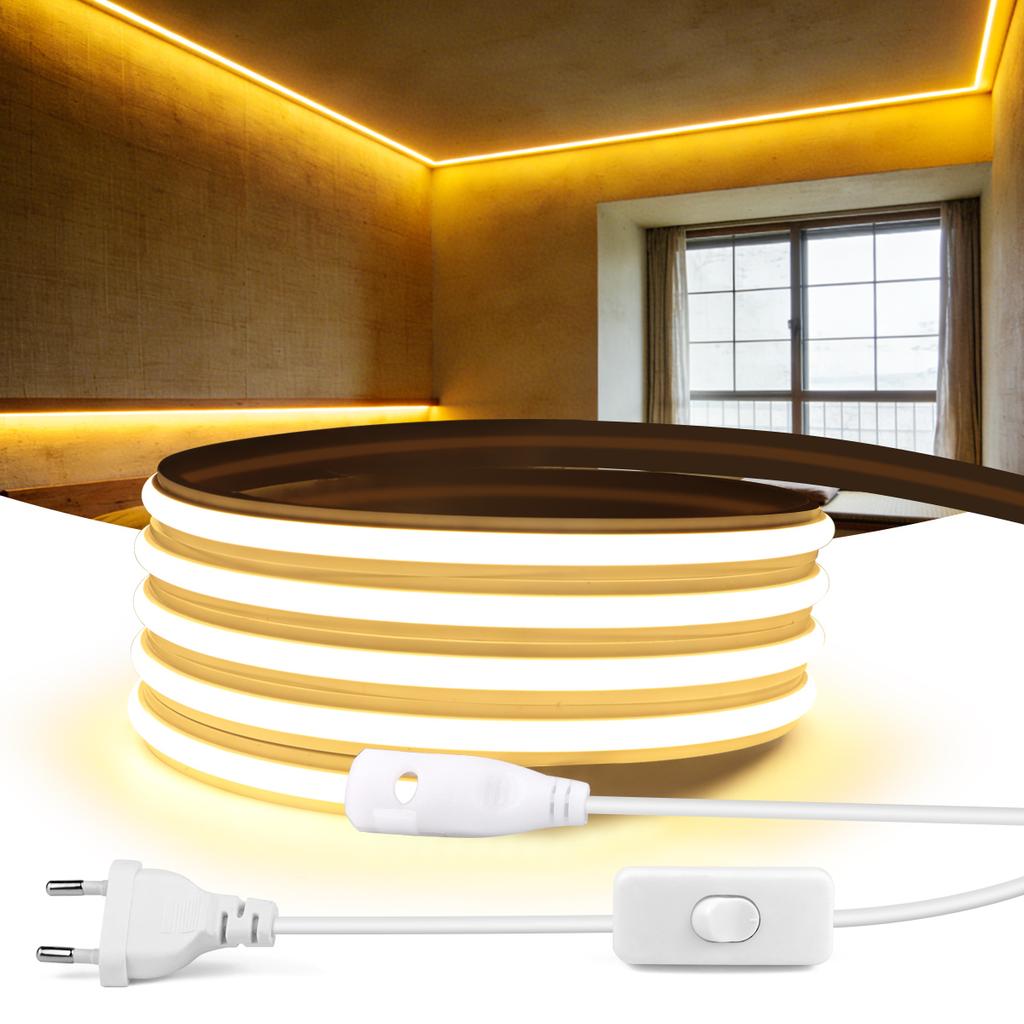 Fireproof Silicone LED Neon Light Strip 220V EU Plug In Self-Adhesive Even Glow COB LED Tape For Room Kitchen Outdoor Garden