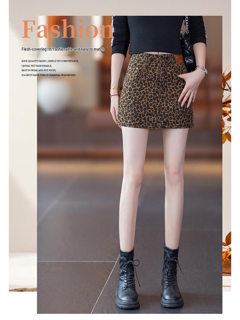 Retro Spicy Girl Leopardenmuster High Waist Denim Bodycon Midi-Rock für Herbst/Winter 2025