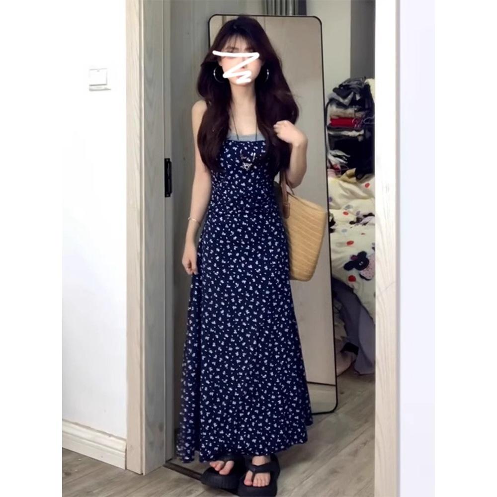 Fake two-piece sleeveless suspender floral dress women's summer new seaside vacation high-end long dress