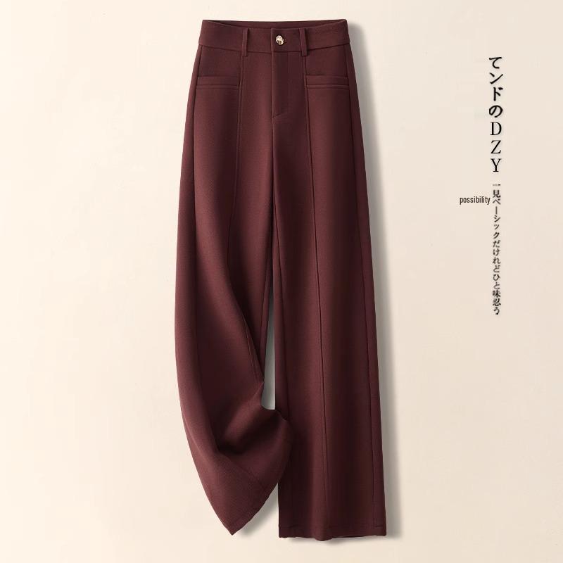 Ankola Women's Red Wool Wide-Leg High-Waisted Thick Trousers for Autumn/Winter 2024