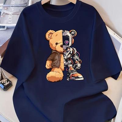 Half Teddy Half Robot Graphic T-Shirt,Soft Breathable & Fade-Resistant, Classic Fit for Daily Casual Wear