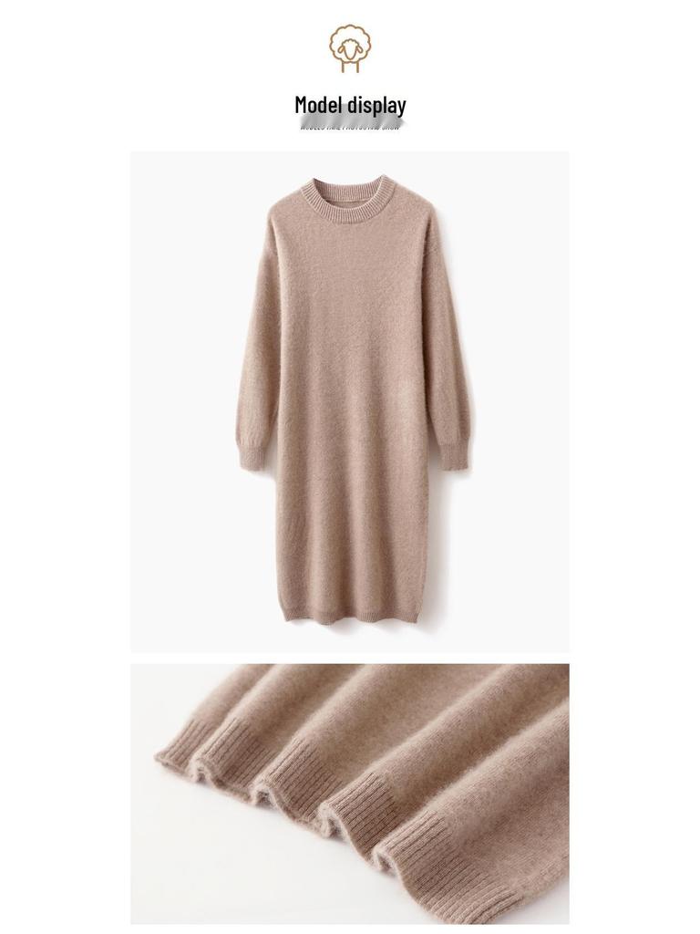 Women's Long Wool Knitted Dress - Over-the-Knee, Semi-High Neck, Loose Fit for Autumn/Winter