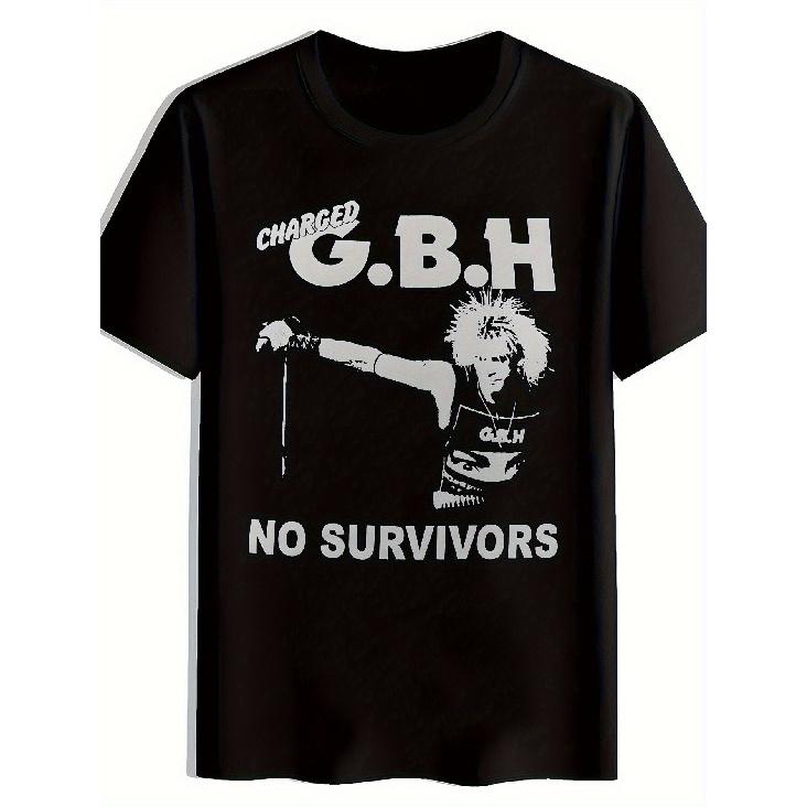 Herren Vintage GBH Charged & No Survivors Grafik-T-Shirt - Retro 80er Punk Rock Band-T-Shirt mit GBH Schriftzug & Stachelhaar-Design, Lockere Passform Kurz XL schwarz