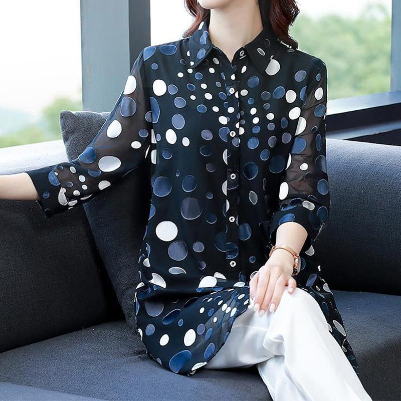 Casual Vintage Polka Dot Button Long Shirt Summer New Office Lady Polo-Neck Three Quarter Sleeve Loose Tops Ladies Clothing