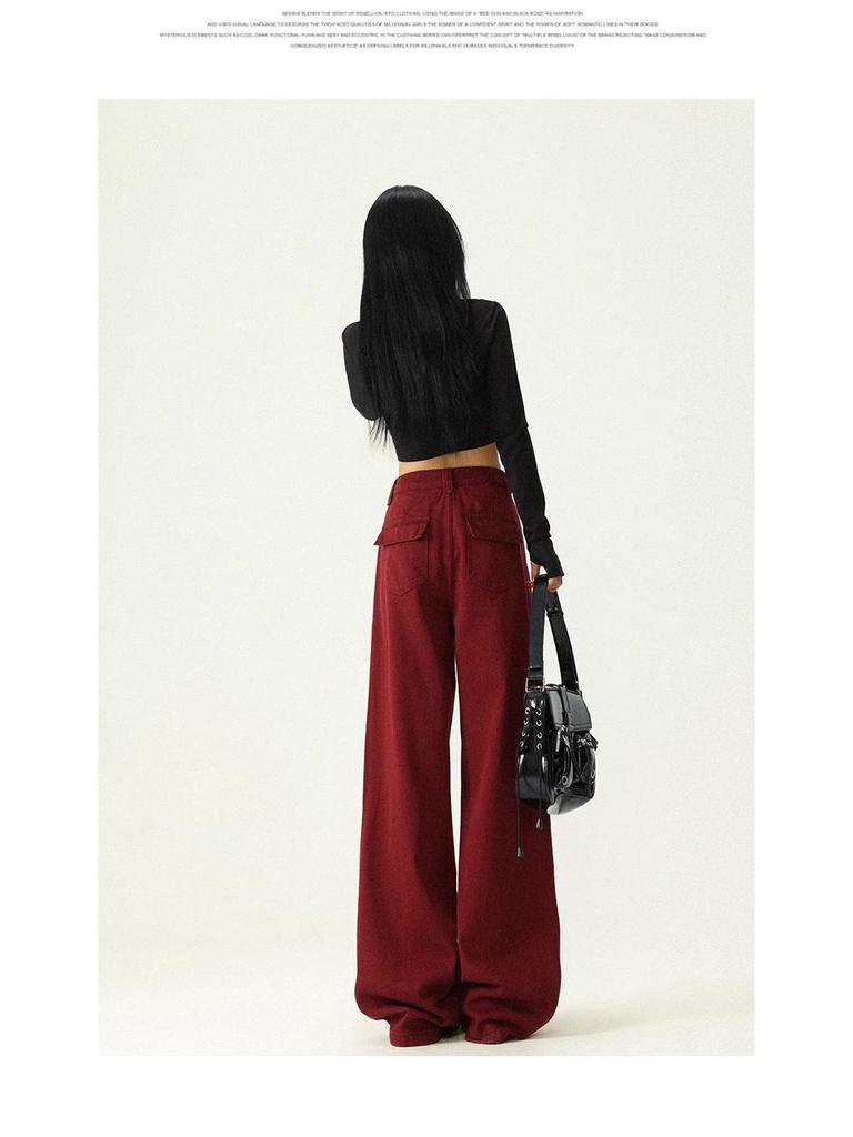 Women's Retro High-Waist Red Wide-Leg Jeans - Slimming, Versatile & Trendy