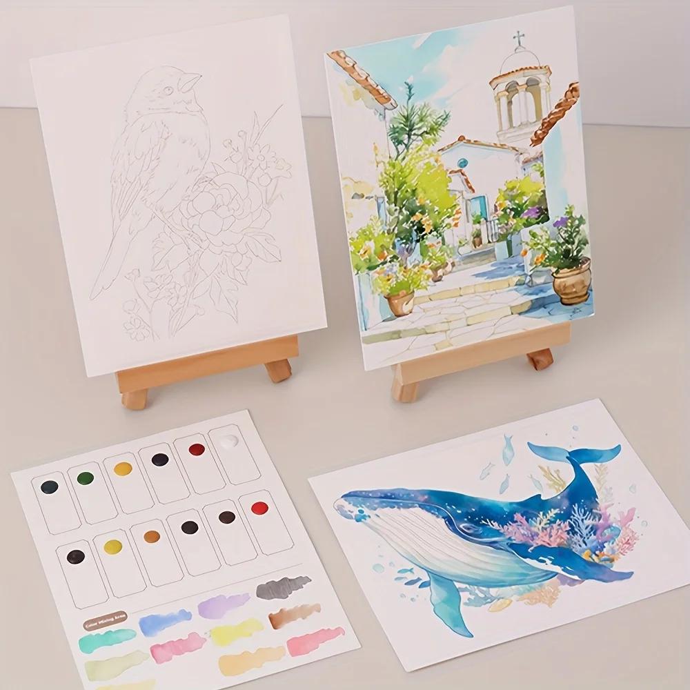 A Set of Creative Watercolor Painting Tools - Adult Coloring Book with Landscape and Floral Patterns