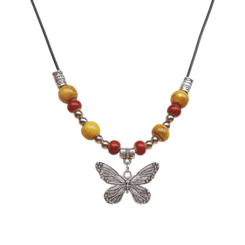 Color Beads Pendant Necklace Sweet Butterflies Clavicle Chain Female Summer Adjustable Rope Necklace Sweater Chain
