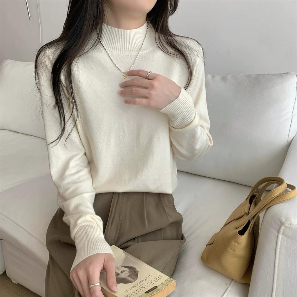 Solid Color Semi-turtleneck Knitted Bottoming Shirt Women's New Sweater Loose Andy Fleece Warm Inner Top