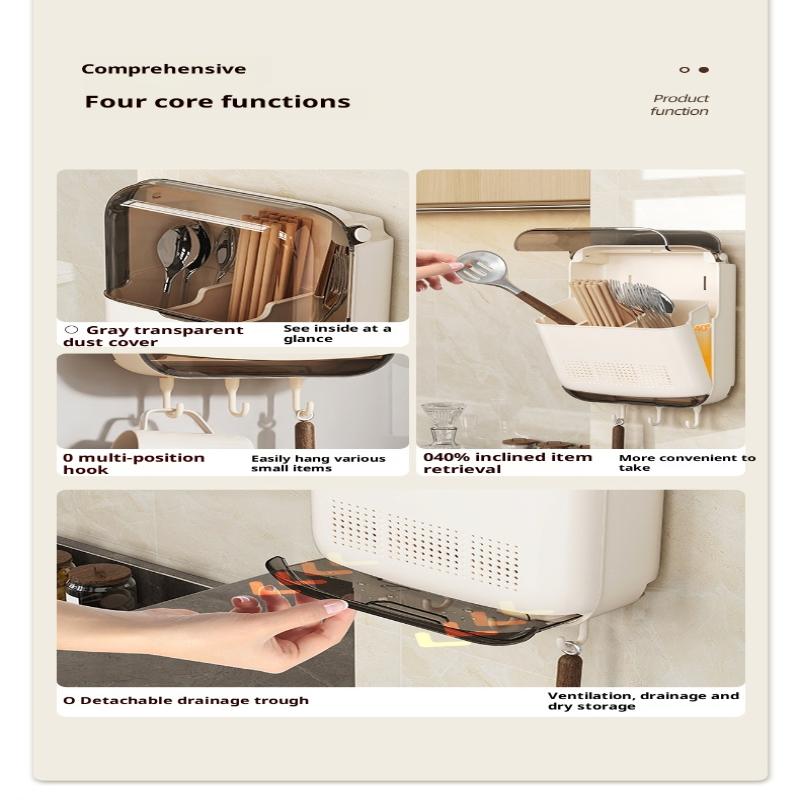 Wall Mounted Kitchen Cutlery Holder Breathable Dust-Proof Utensil Drainer No Punching With Lid Chopstick Storage Box