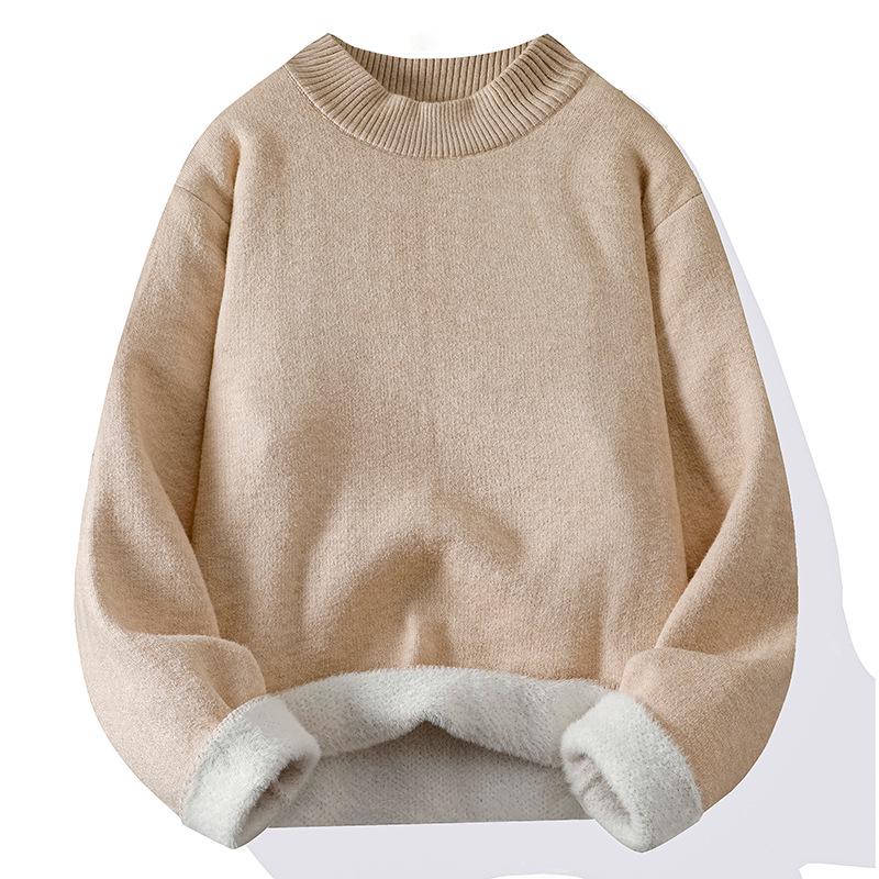 Men's Plush Half-High Collar Sweater, Fleece Knitwear, Thickened Warm Base Layer, Cross-Border Knit Sweater