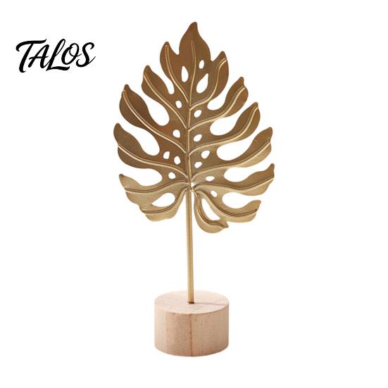 Talos Metal Leaf Ornaments, Gold Palm Leaf, Ginkgo Feather Statue with Wood Base, Modern Desktop Sculpture for Living Room, Bookshelf, Office