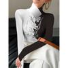 Women's Cheongsam Collar Long-sleeved T-shirt with Black and White Split and Black and White Floral Print, Suitable for Women