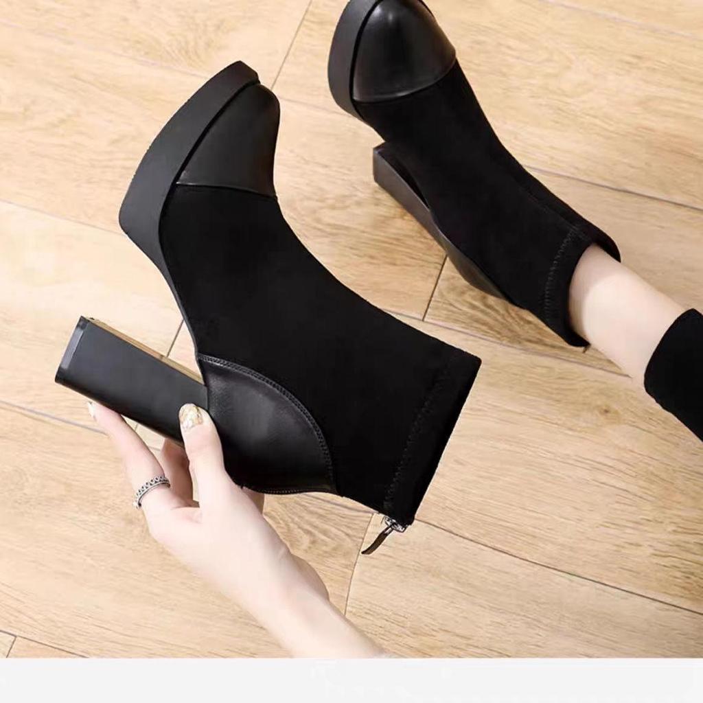 Women's High-Heel Platform Stretch Boots: Autumn/Winter Fashion, Ankle-Length, Thick Sole, Spliced Design.