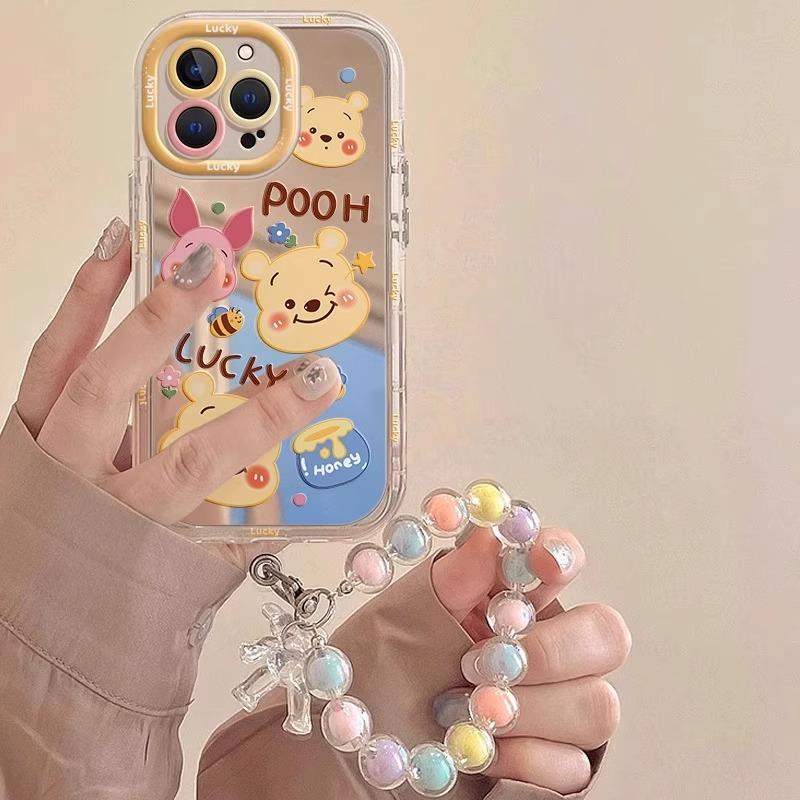 

Cute Winnie the Pooh Mirror Phone Case with Beaded Chain, Soft TPU Cover for iPhone iPhone 17
