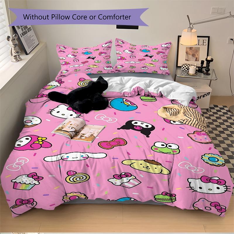 3pcs Hello Kitty and Friends Quilt Cover Set - Soft & Comfortable Polyester Fabric, All-Season Breathable Comforter Set For 1 Quilt Cover & 2 Pil