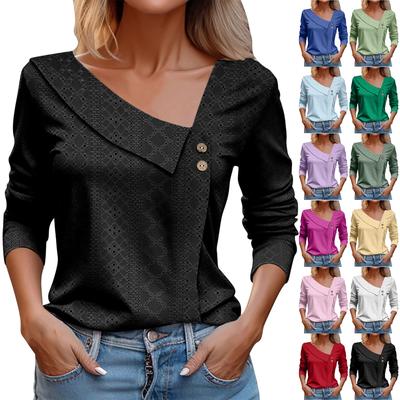 Women's Fashion V-Neck Button-Up Long-Sleeve T-Shirt Casual -Color Top