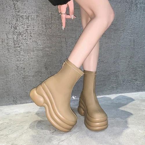 

мода осень весна женская обувь женские сапоги на платформе мода круглый носок ботильоны 2024 зима эластичный черный танкетка удобный 39