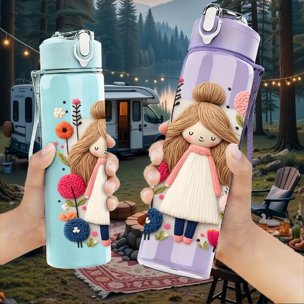1PC Cute Standing Vintage Doll Art Print 750ml Color Plastic Sports Water Bottle Leakproof Flip Straw Lid Suitable for Sports Office Home Use