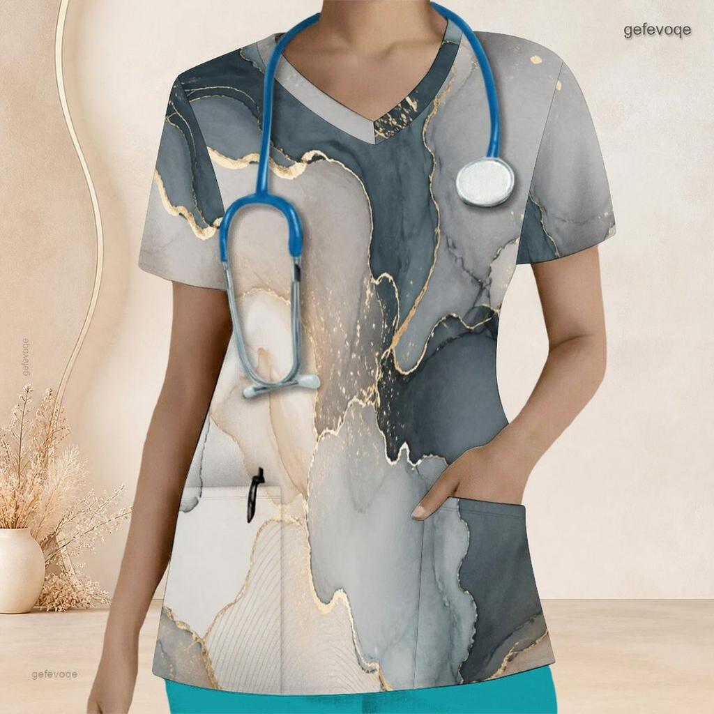Women Plus Size Abstract Print Nurse Scrub Top V Neck Short Sleeve With Front Pockets