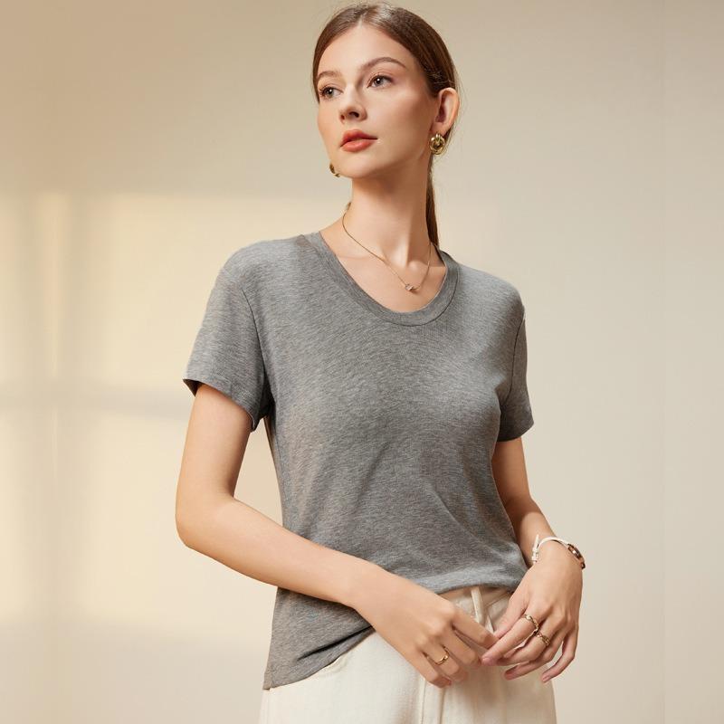 Women's New T-shirt Wool Acetate Lycra Soft U-neck Short Sleeve Skinny Tops