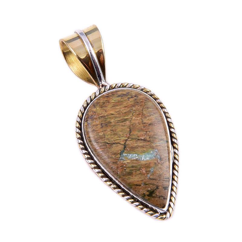 Natural Rhyolite Gemstone 925 Solid Sterling Silver Two Tone Pendant 1.25'' M4r81