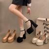Salto Alto Preto de Salto Grosso Que Não Cansa Seus Pés, Cetim Impermeável Plataforma Retrô Mary Jane Sapatos Femininos