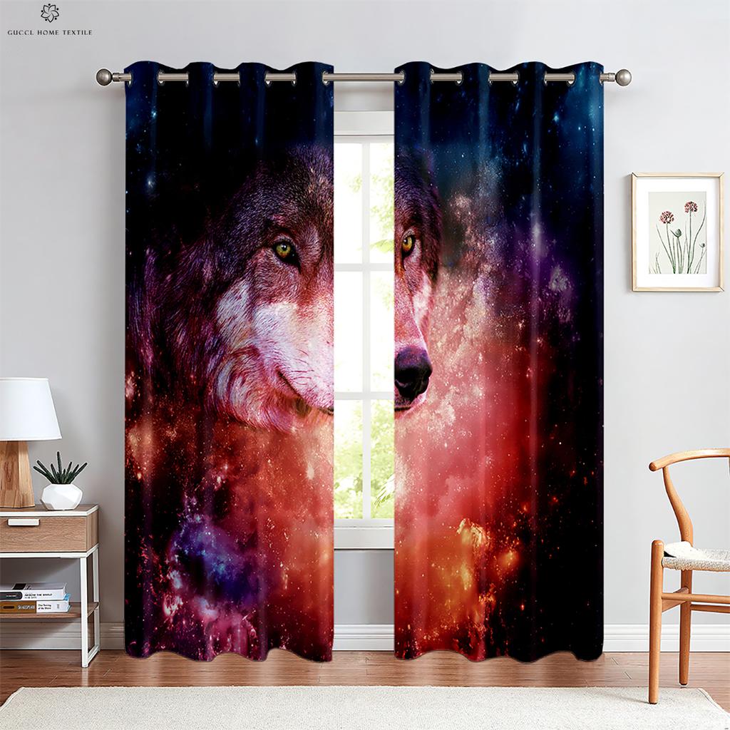 Animal Theme Decorative Curtains, Wolf, Starry Sky, Fantasy Pattern, Bedroom, Kitchen, Study, Living Room, Customized
