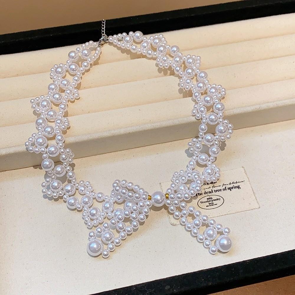 Bead Bow Necklace Imitation Pearl Collarbone Chain Sweet Clavicle Chain Women  Ladies