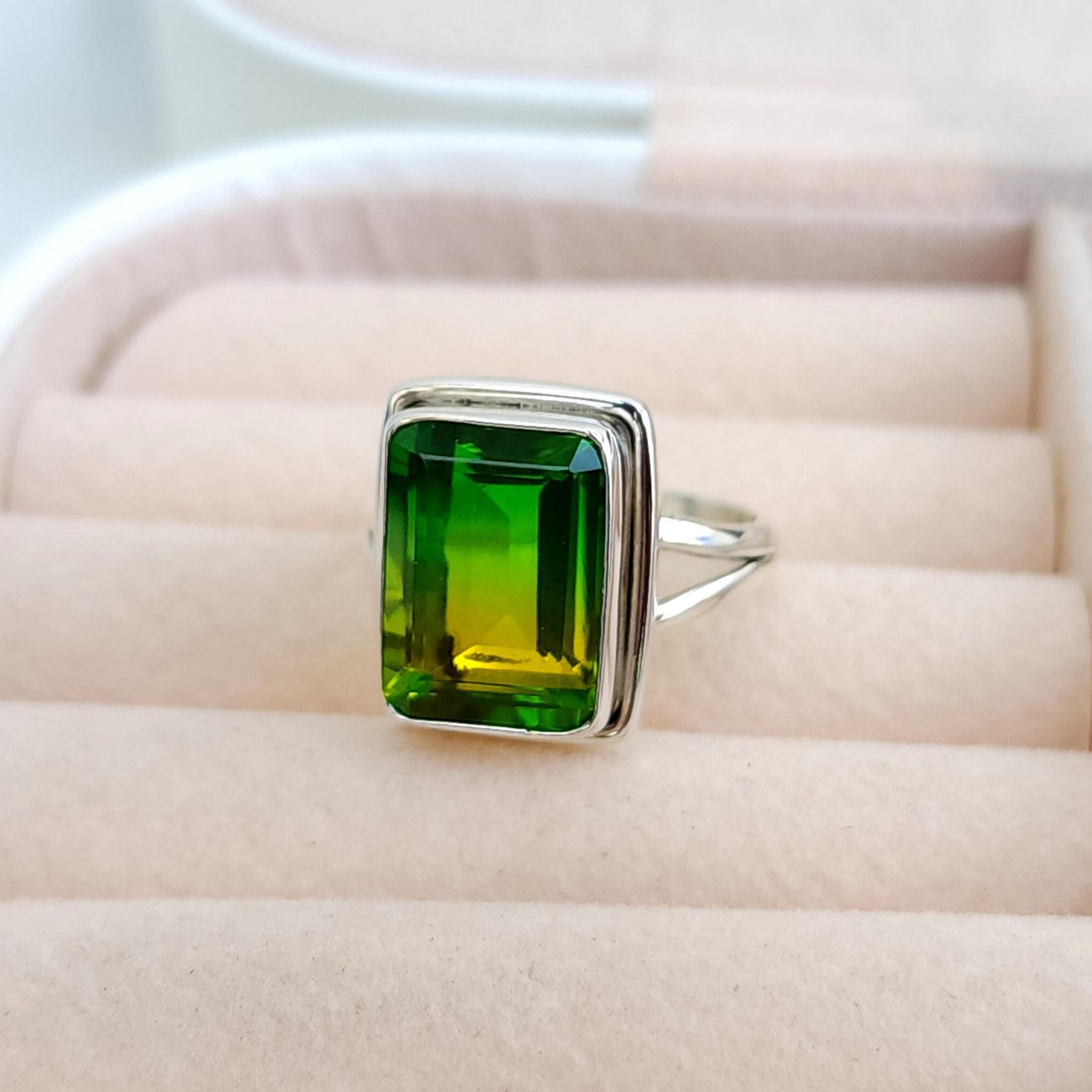 

Cushion Cut Green Yellow Kornerupine Quartz 925 Sterling Silver Ring, Statement Wedding Gift Ring 10