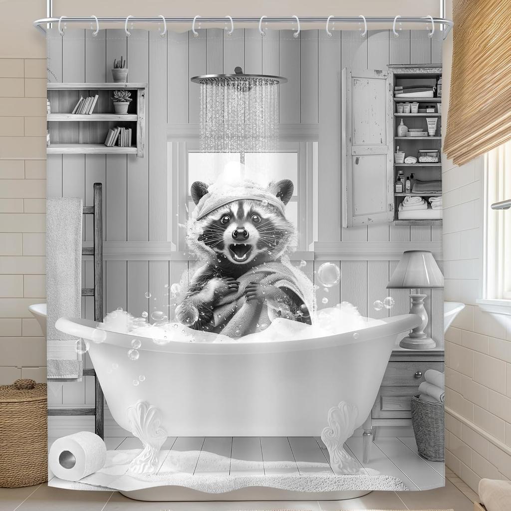 Kids Funny Dog Shower Curtain Cute Hilarious Animals Puppy Wooden Window Floral Flowers Bubbles Leaves Plant Botanical Fabric