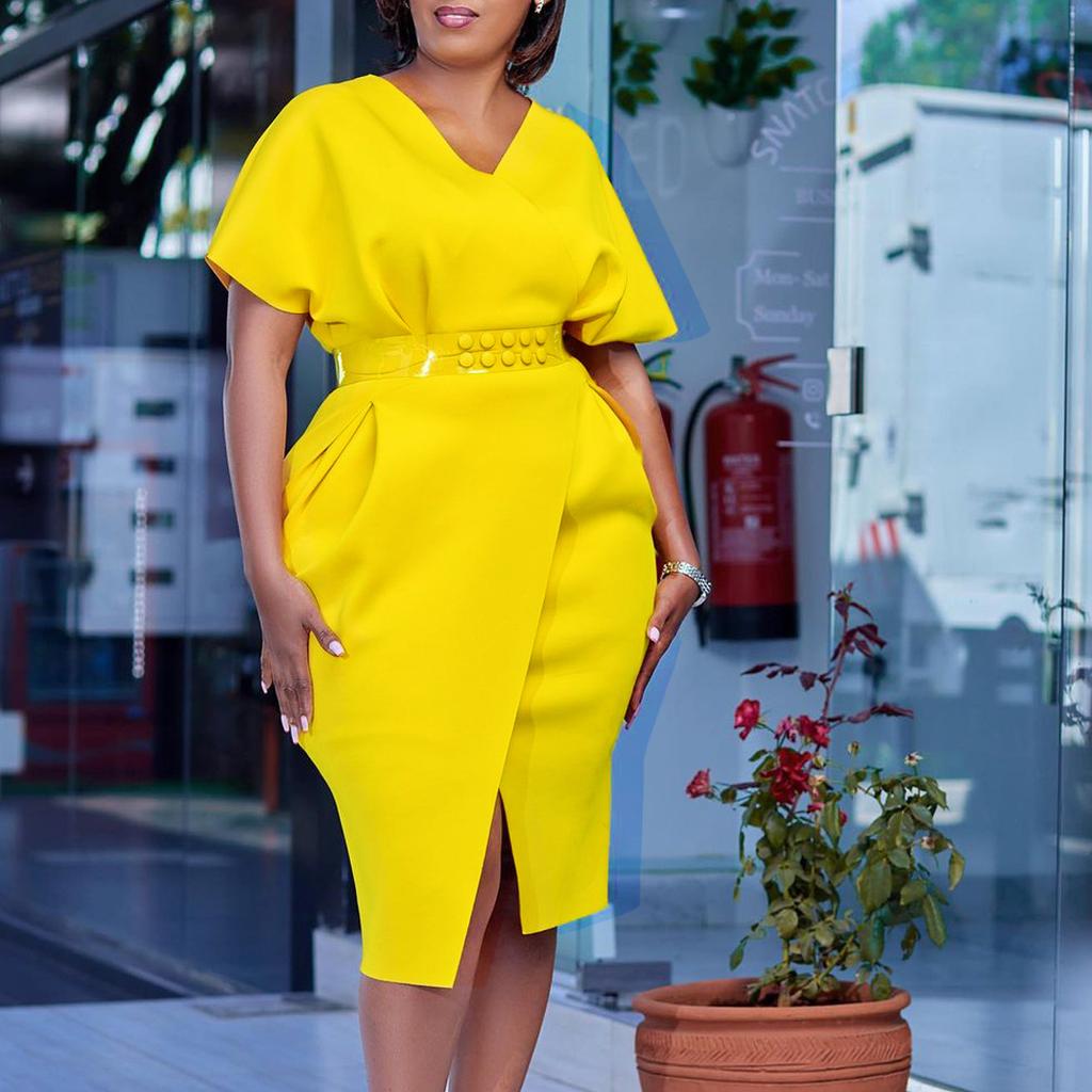 Large Size Women Summer Fashion Solid Dress Ladies Sexy One Piece V Neck Slit Dress with Belt