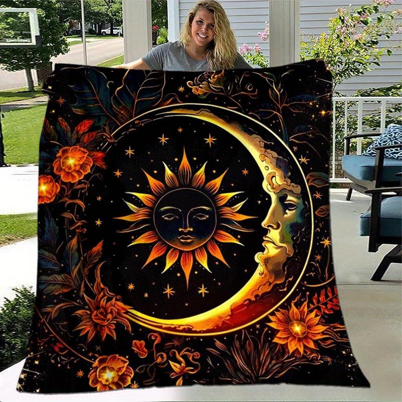 1pc Sun Moon Yin Yang Printing Lightweight Flannel Blanket, Comfortable and Warm Blanket, for Camping Sofa Bed and Couch Office, Gift