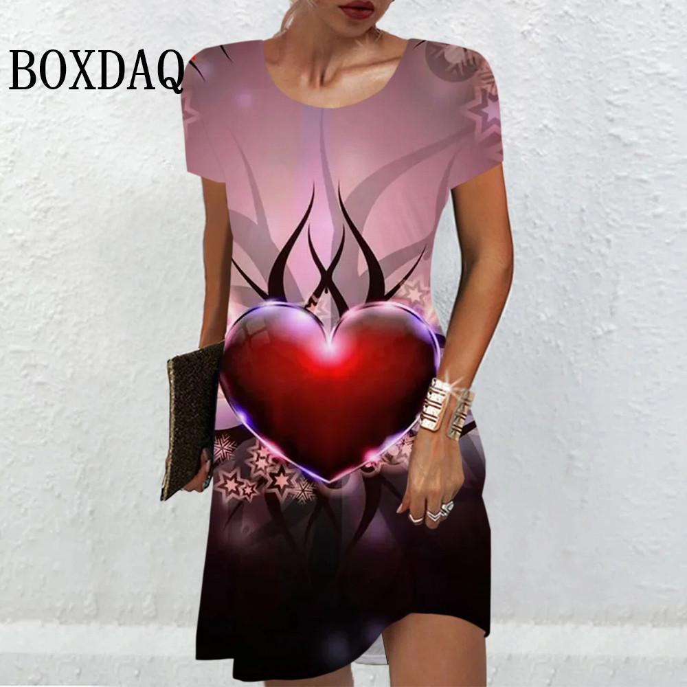 2026 Summer Women's 3d Printing Gradient Color Short-sleeved Mini Dress Elegant, Sweet and Cute Casual Loose Round Neck Dress