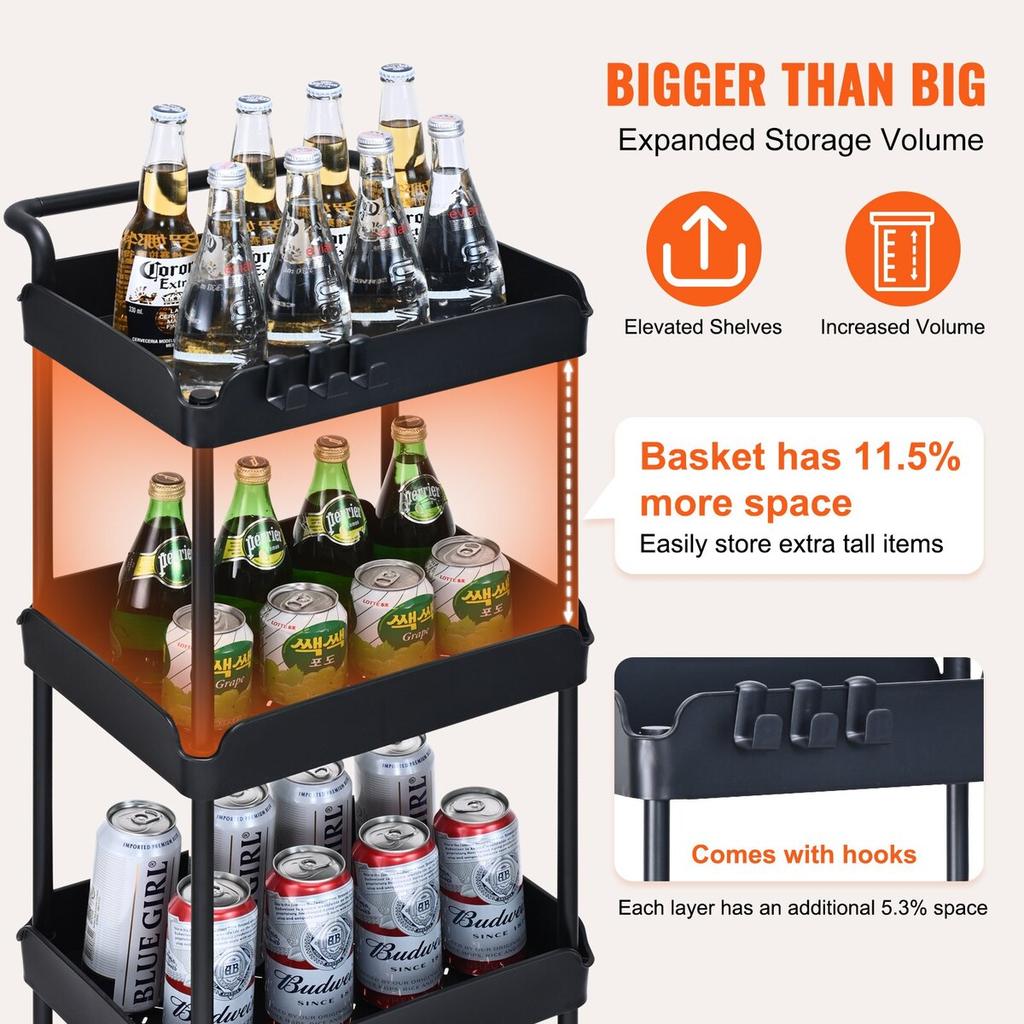 4-Tier Rolling Utility Cart, Kitchen Cart with Lockable Wheels, Multi-Functional Storage Trolley with Handle for Office, Living Room, Kitchen, Movable