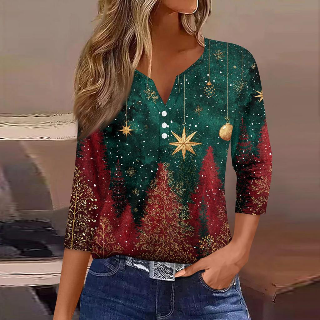 Women's T Shirt Christmas Print Button 3/4 Sleeve Daily Weekend Fashion Basic V- Neck Regular Top