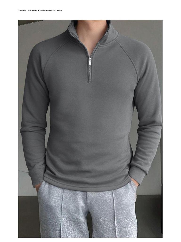 Men's European & American Slim Fit Raglan Sleeve Half-Zip Sweatshirt with Stand Collar - Solid Color Casual Wear for Spring & Autumn.