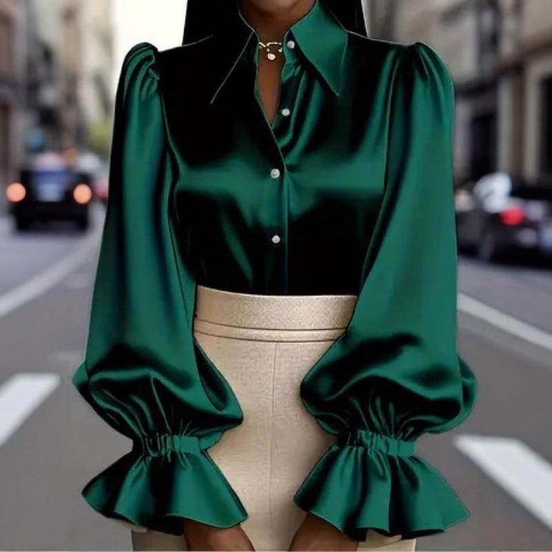 New Elegant Commuter Puff Long Sleeve Lapel Satin Womens Shirt Casual Loose Office Blouse New Lapel Simple Fashion Solid Color Tops