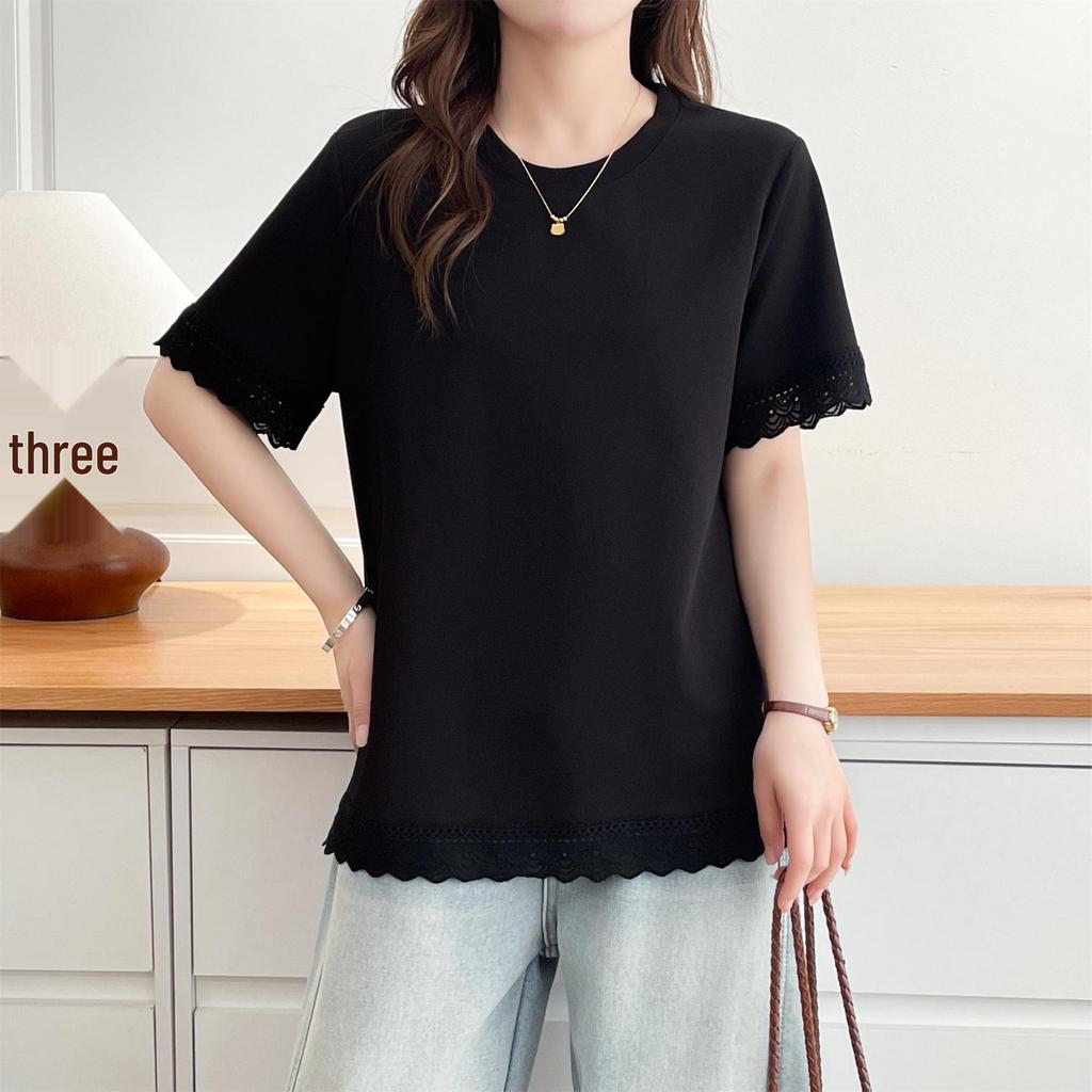 2026 Summer Plus Size Women's Lace Patchwork Cotton T-Shirt - Short Sleeve Slimming Top for Chubby Girls