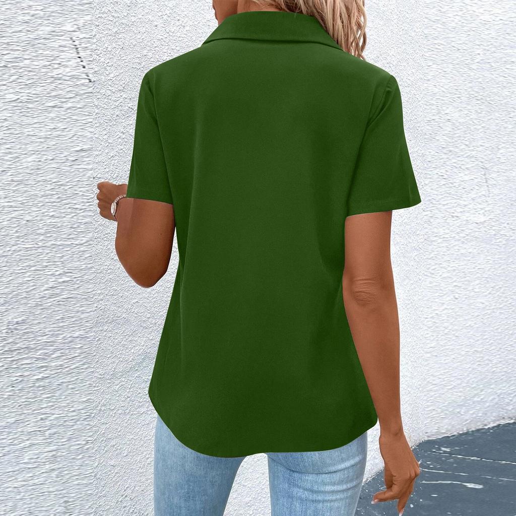 Damenmode Lapel Halbreißverschluss Kurzarm Top Mit Tasche