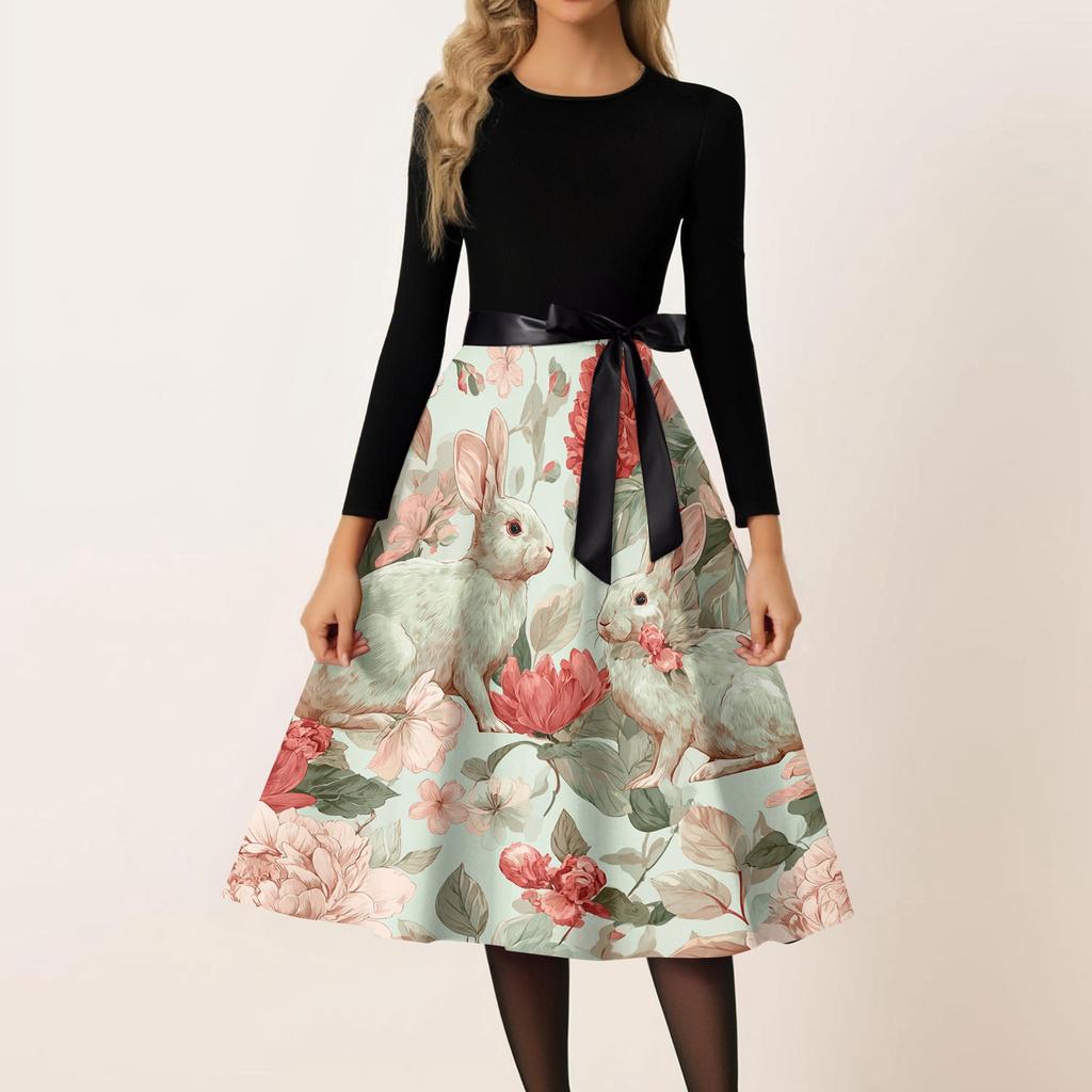 Damen Casual Mode Rundhals Karneval Bedrucktes Vintage Kleid