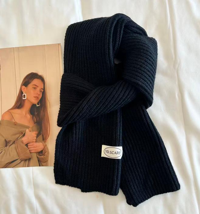 Korean ins simple solid color wool knitted scarf women's winter blue warm couple student neck scarf